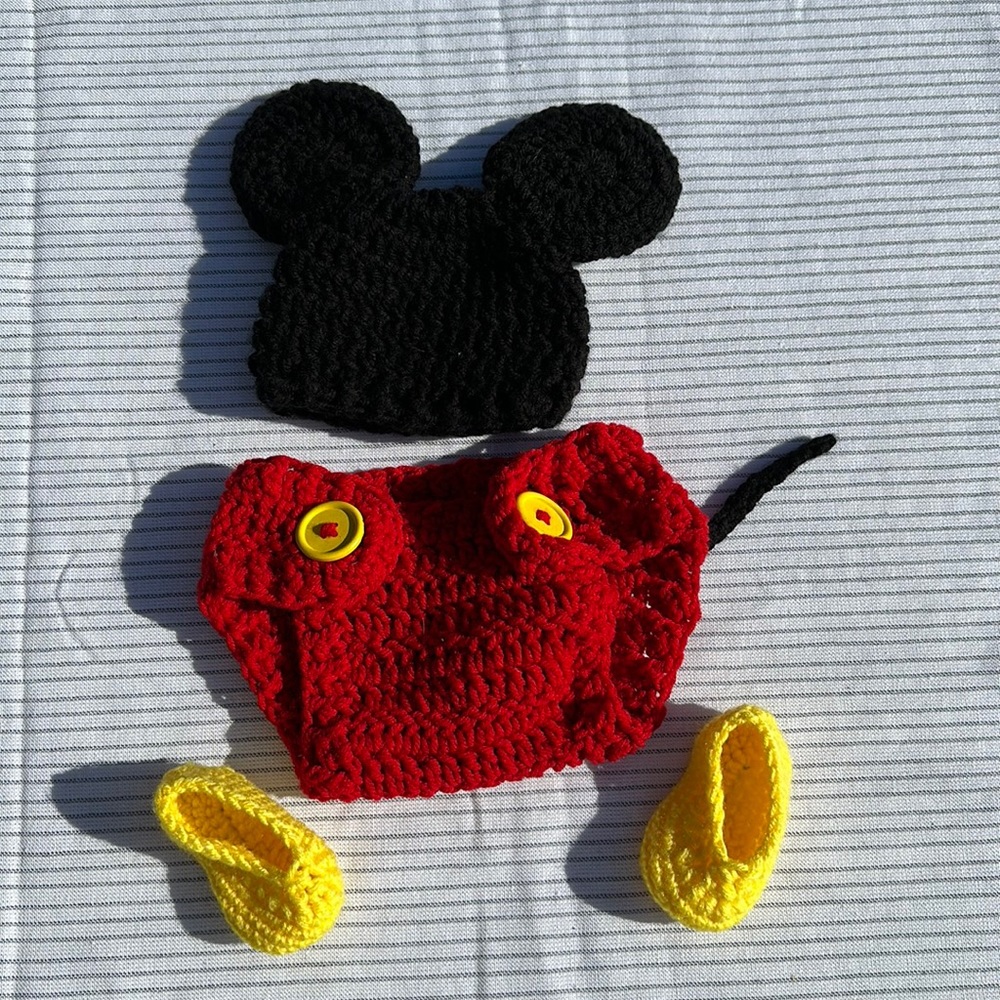 Hand knit Mickey Mouse baby/infant - beanie hat, diaper cover and booties